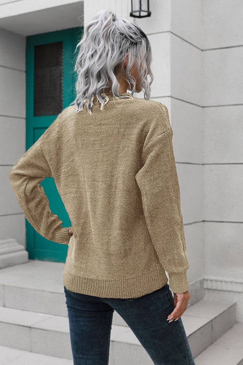 CWOSWL4149_V-NECK BUTTON LOOSE PULLOVER KNIT SWEATER