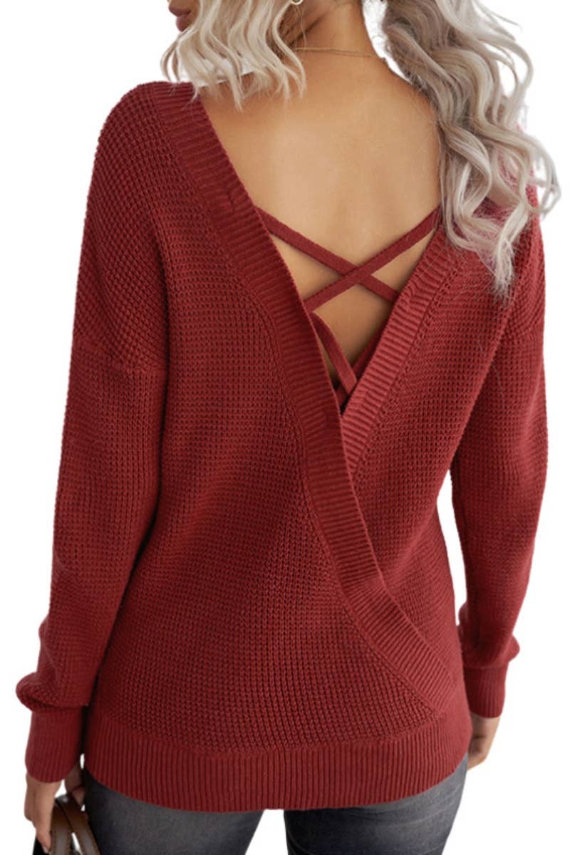 CWOSWL6676_CREW-NECK BACKLESS LONG-SLEEVED KNIT TOP