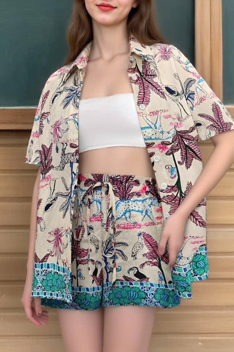 CWSTB2134_BOHO PRINT COLLAR TEE & ELASTIC WAIST SHORTS SET