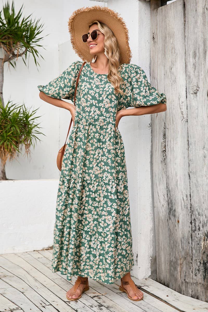 CWDMD4104_LOOSE ROUND NECK SHORT SLEEVE FLORAL DRESS