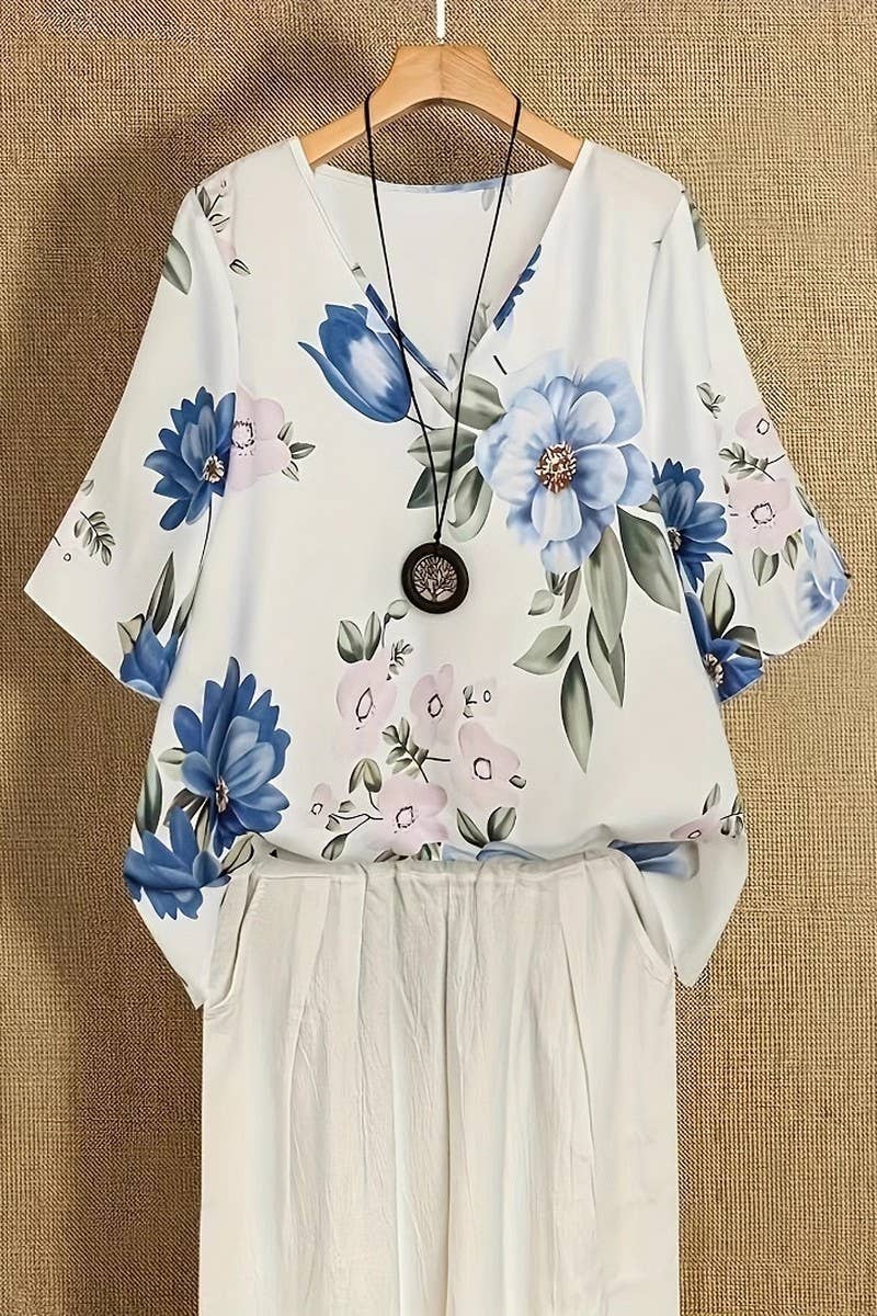 CWTSTS0746_SUMMER FLORAL PRINT V-NECK SHIRT