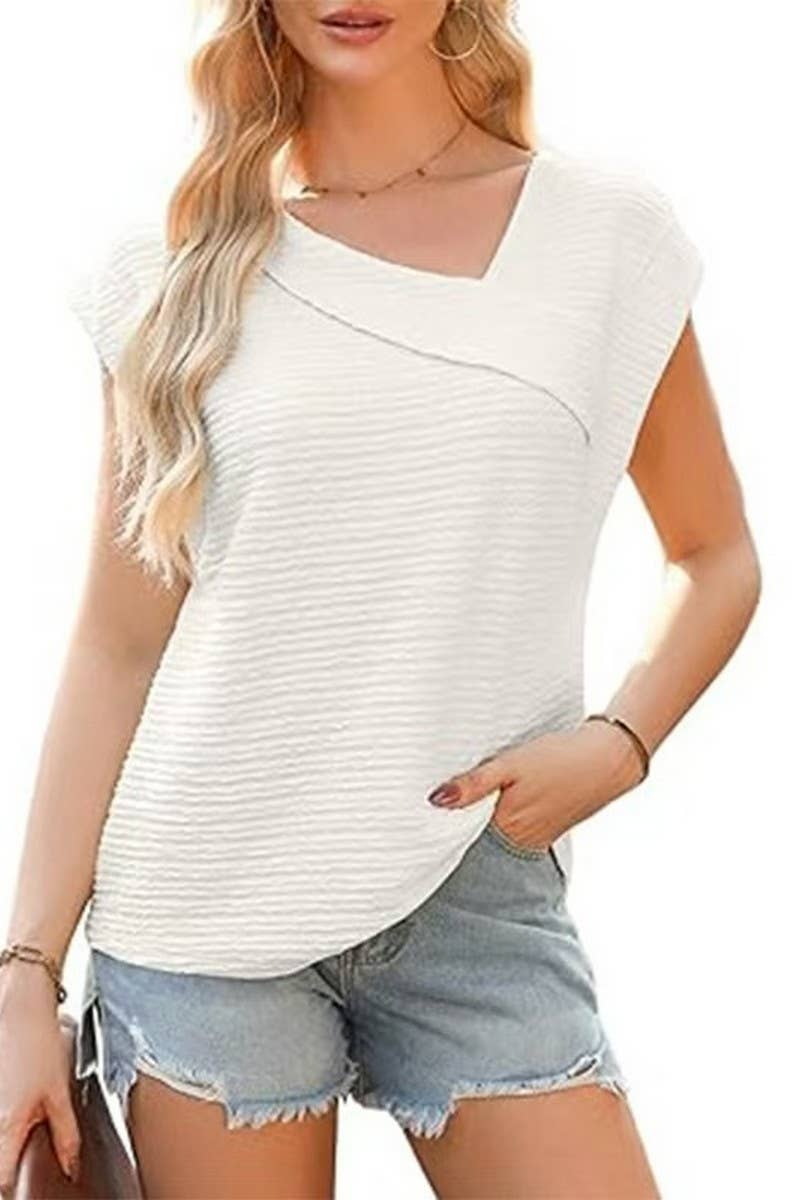 CWTBLS2192_SOLID ONE SHOULDER CASUAL SHORT SLEEVE TEE
