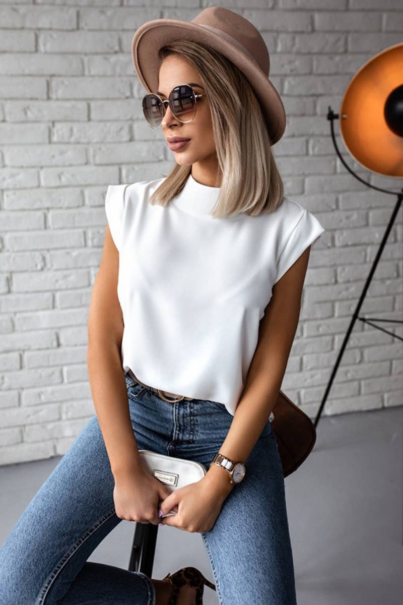 CWTBLS1403_SOLID COLOR CREW NECK SHORT-SLEEVED TOP