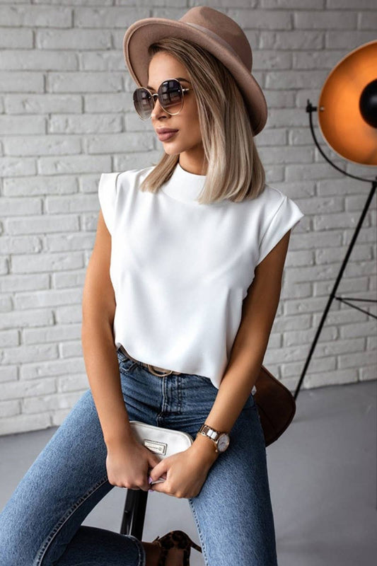 CWTBLS1403_SOLID COLOR CREW NECK SHORT-SLEEVED TOP