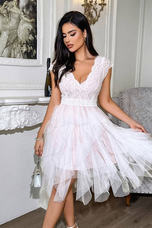 CWDSD10832_V-NECK ELEGANT LACE SHORT SLEEVE MINI DRESS