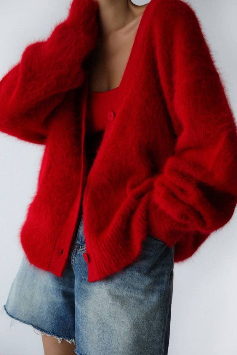 CWOCAL1100_KNITTED MINK LONG-SLEEVED V-NECK CARDIGAN