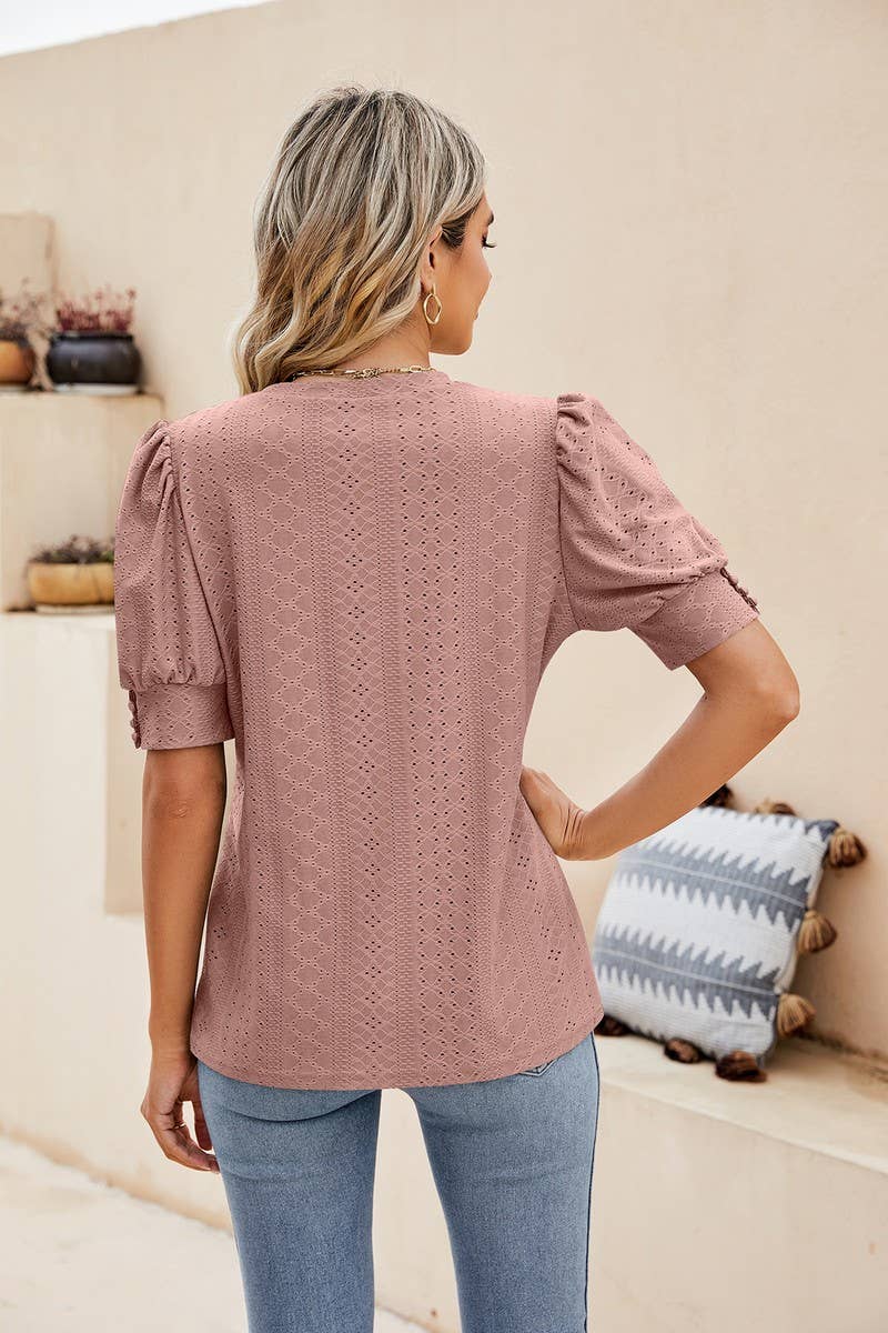 CWTBLS0615_ HOLLOW PUFF SLEEVES SHORT SLEEVED BLOUSE TOP