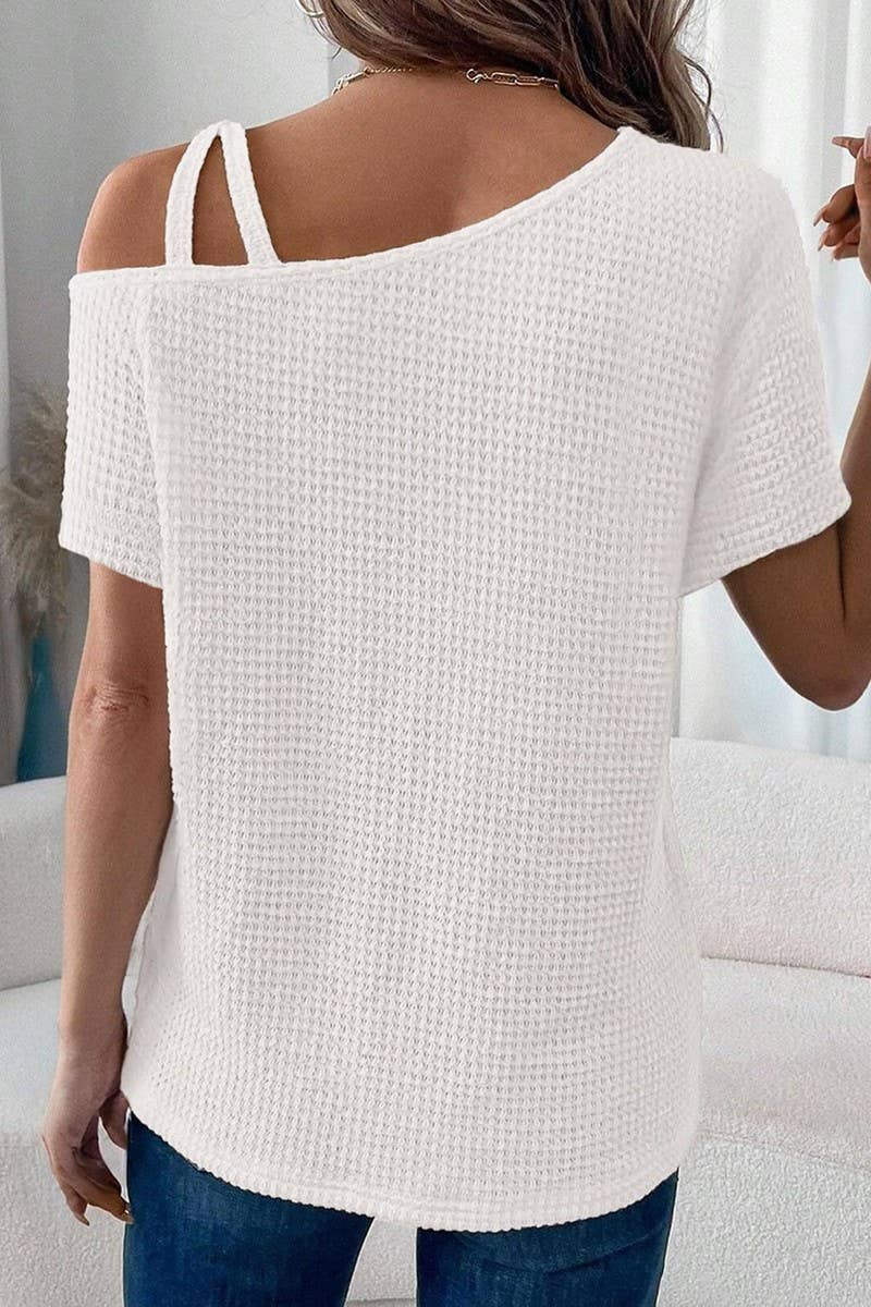 CWTBLS1617_SOLID COLOR OFF-SHOULDER SHORT-SLEEVED KNIT TOP