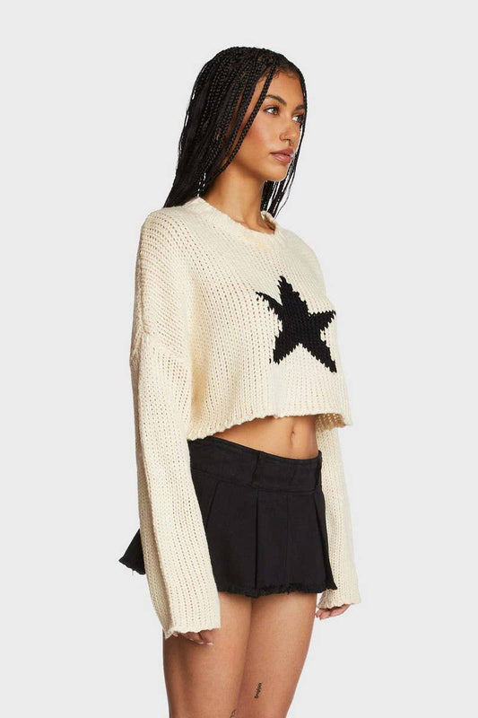 CWOSWL5747_ROUND NECK FIVE-POINTED STAR SHORT KNIT TOP