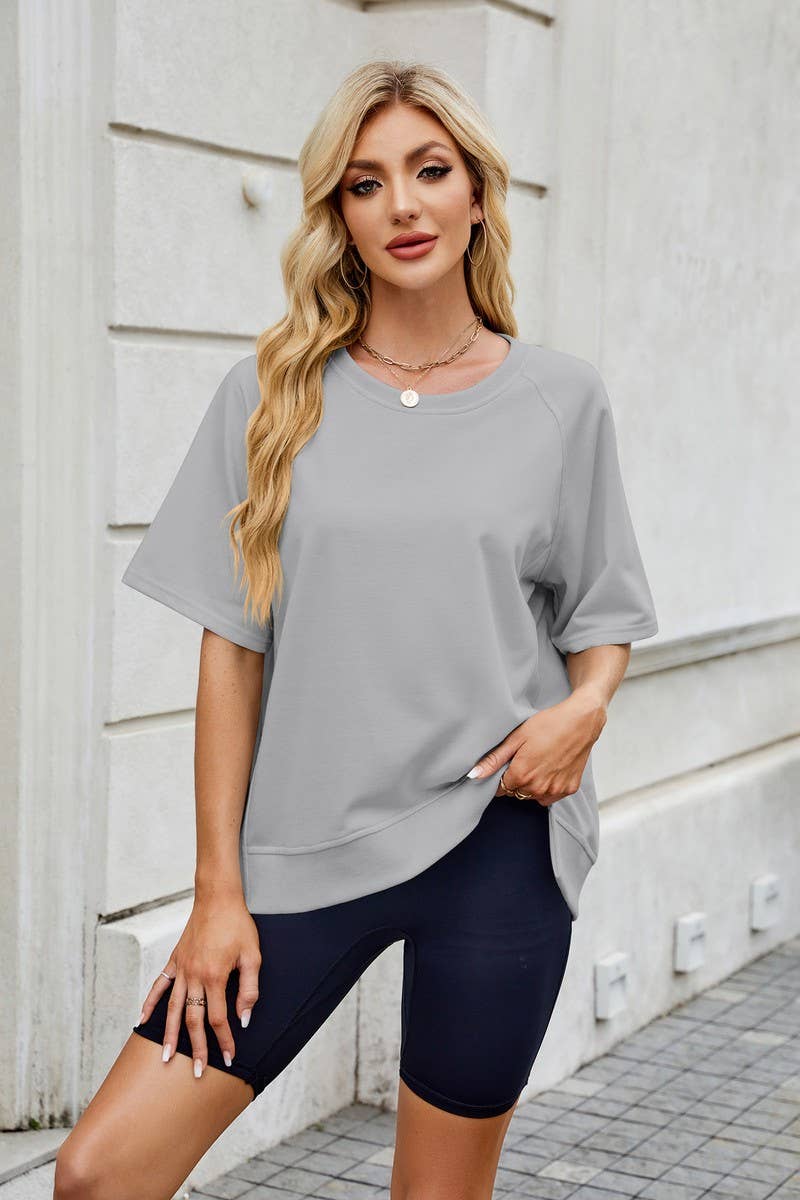 CWTDSS0067_SOLID COLOR THREADED ROUND NECK LOOSE T-SHIRT