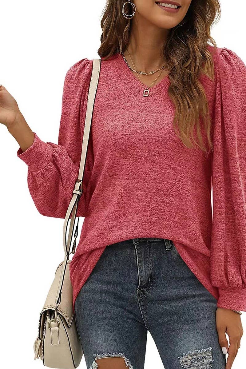 CWTBLL3691_CASUAL PUFF SLEEVE V-NECK BOTTOMING SHIRT