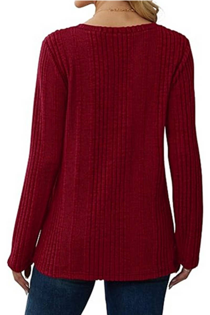 CWOSWL6559_V-NECK SOLID COLOR LONG-SLEEVED KNITTED SWEATER