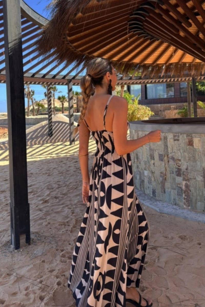 CWDHL1017_SUMMER V-NECK WAIST PRINTED SWING BEACH DRESS