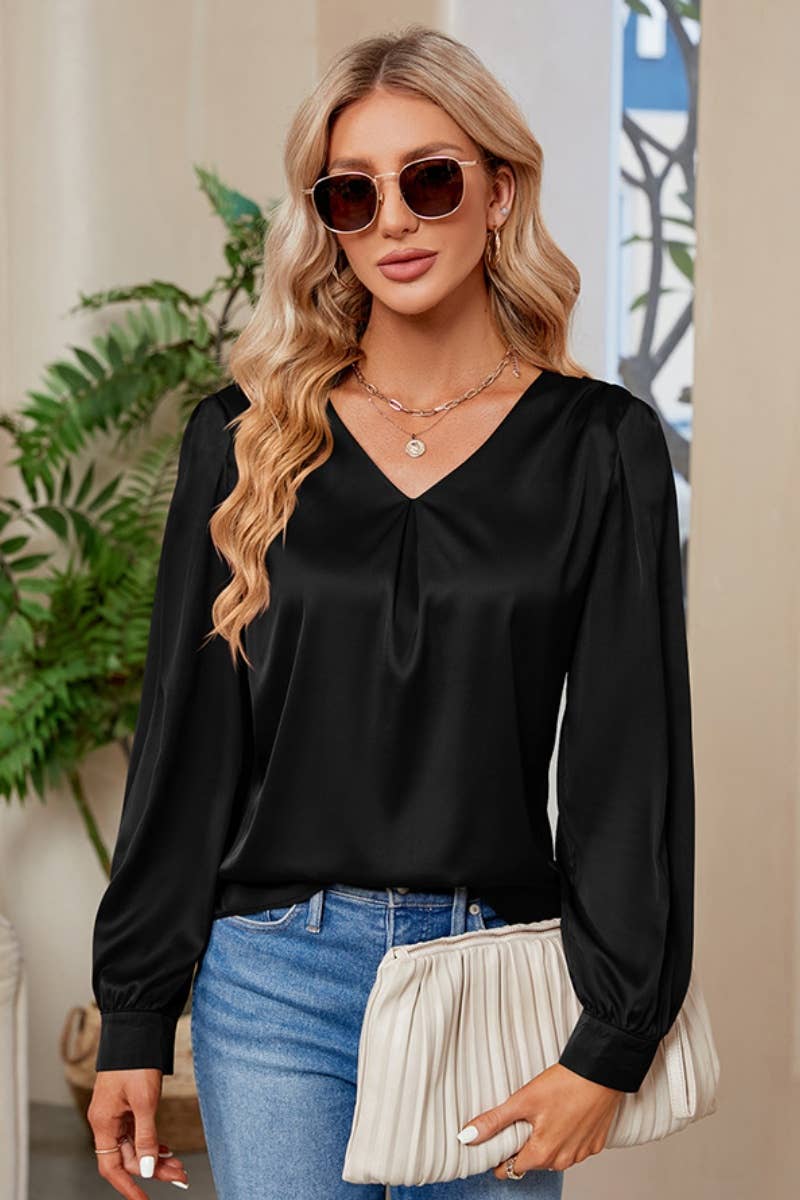 CWTBLL2445_SATIN V-NECK PLEATED LONG-SLEEVED SHIRT TOP