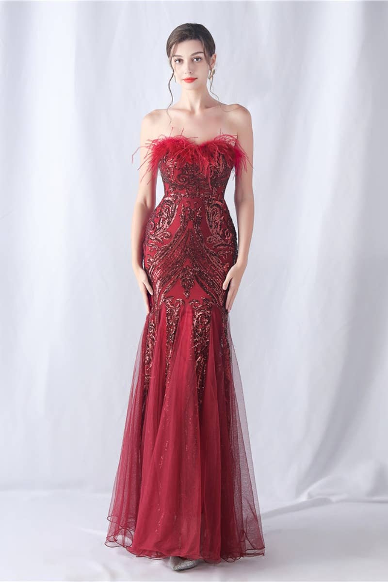CWDMD3628_FURRY STRAPLESS SEQUIN EVENING DRESS LONG