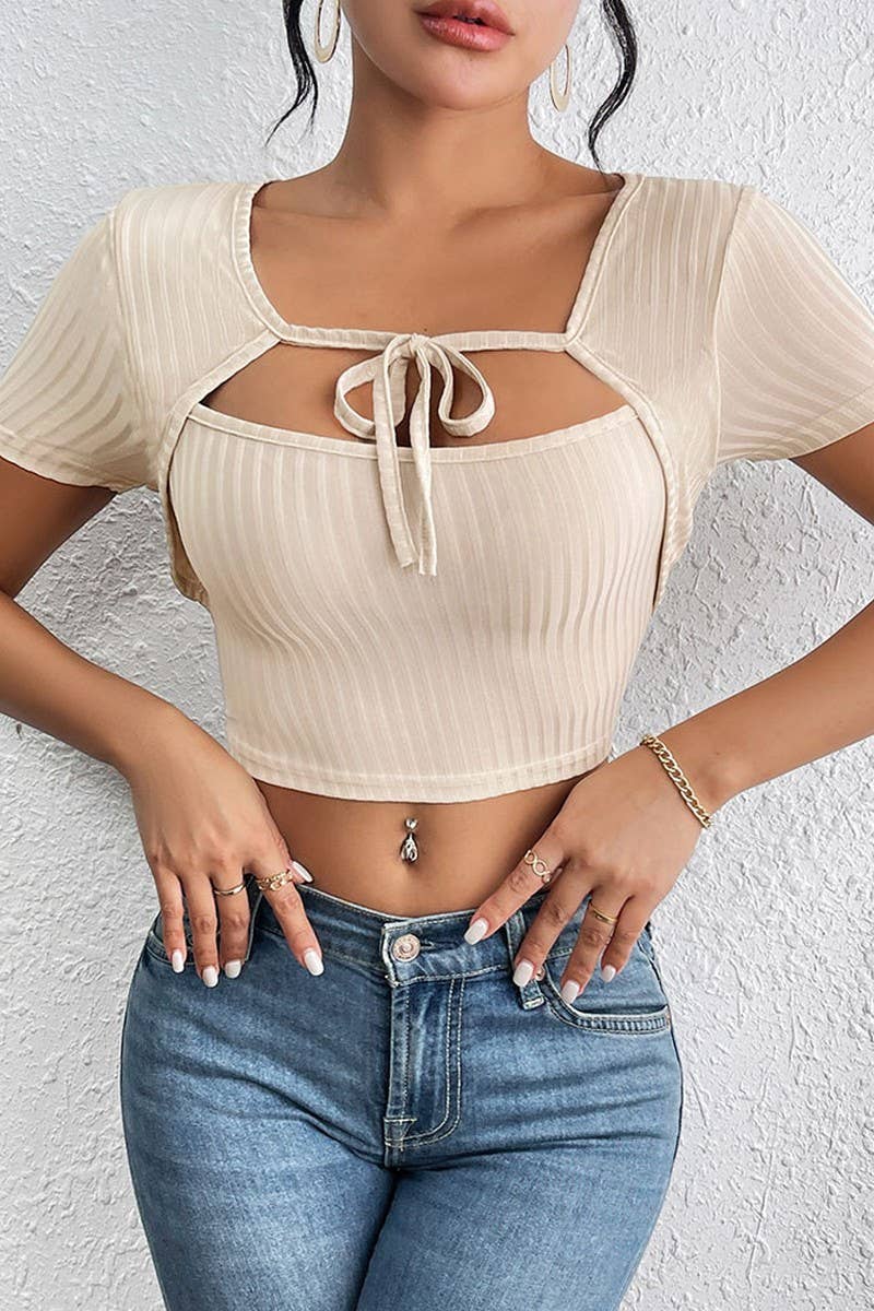 CWTBLS1767_SUMMER RIBBED SQUARE NECK FAKE TWO-PIECE T-SHIRT