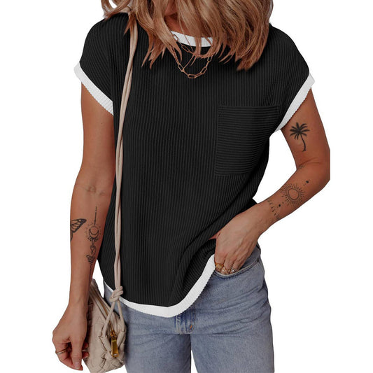 Crew-neck twist strip color contrast T-shirt