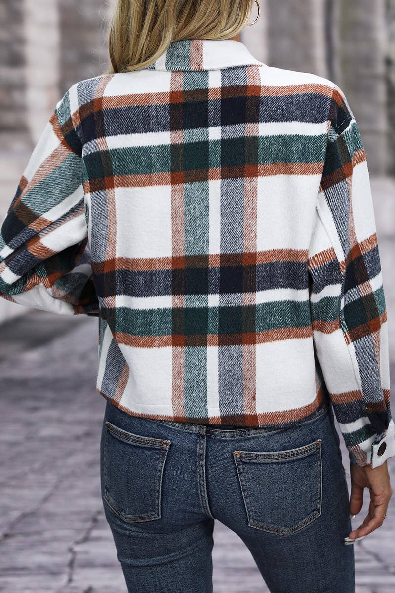 CWOCO1100_LAPEL LONG SLEEVE POCKET PLAID SHORT COAT