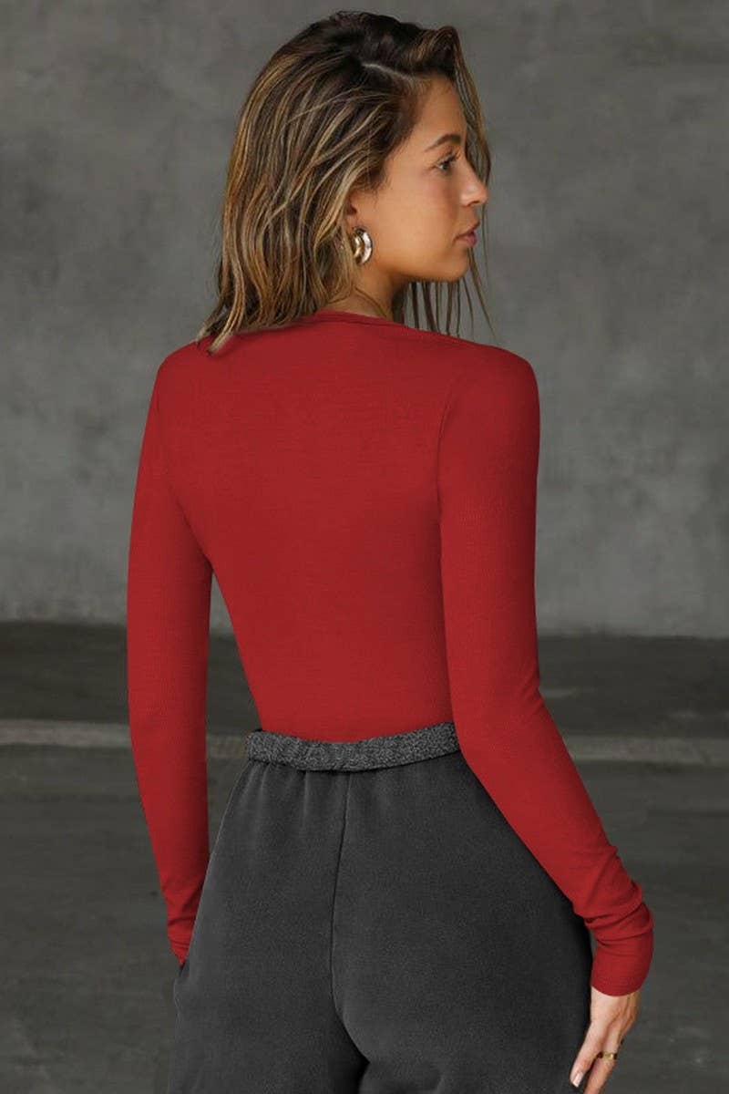 CWTBLL01069_DEEP V CUTOUT SEXY SLIM LONG SLEEVE TOP