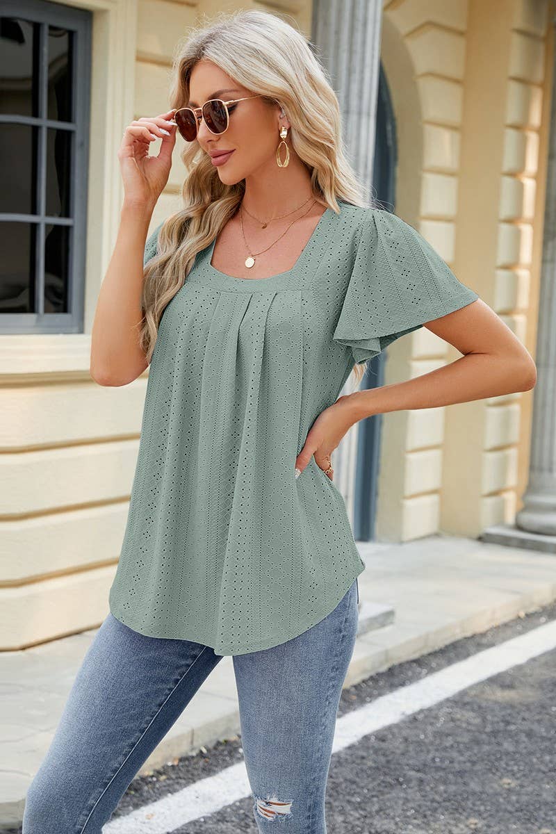 CWTSTS0363_PLEATED HOLLOWED OUT SQUARE COLLAR SHORT SLEEVE