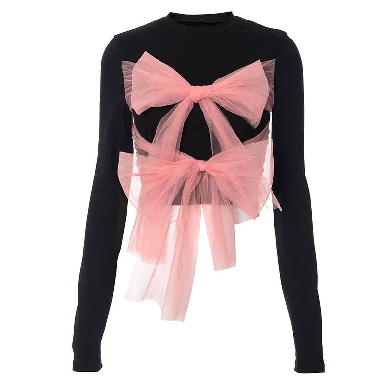 COLOR CONTRAST MESH BOW STRAP CROP T-SHIRT