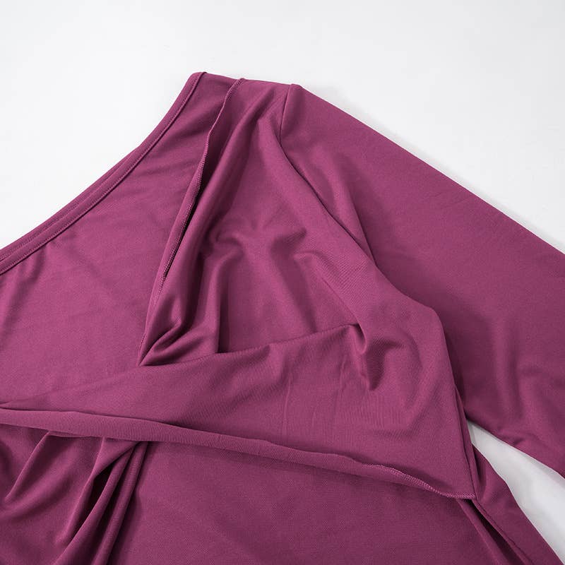 DIAGONAL NECK CROSS PLEATED SOLID COLOR TIGHT TOP