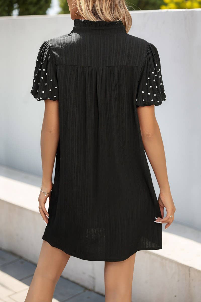 CWDSD7826_BLACK BEADED LANTERN SLEEVE LOOSE SHIFT DRESS