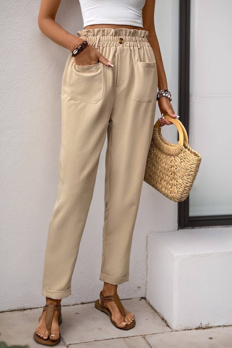 CWBLP00936_BEIGE ELASTIC WAIST POCKET STRAIGHT LEG PANTS