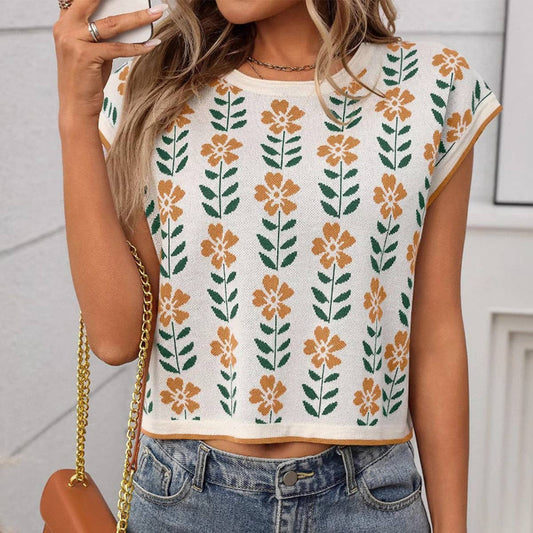 Crop short sleeve crew-neck knit floral sweater