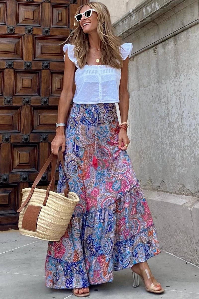 CWBLS0567_NEW STYLE PRINTED LOOSE SWING CASUAL SKIRT