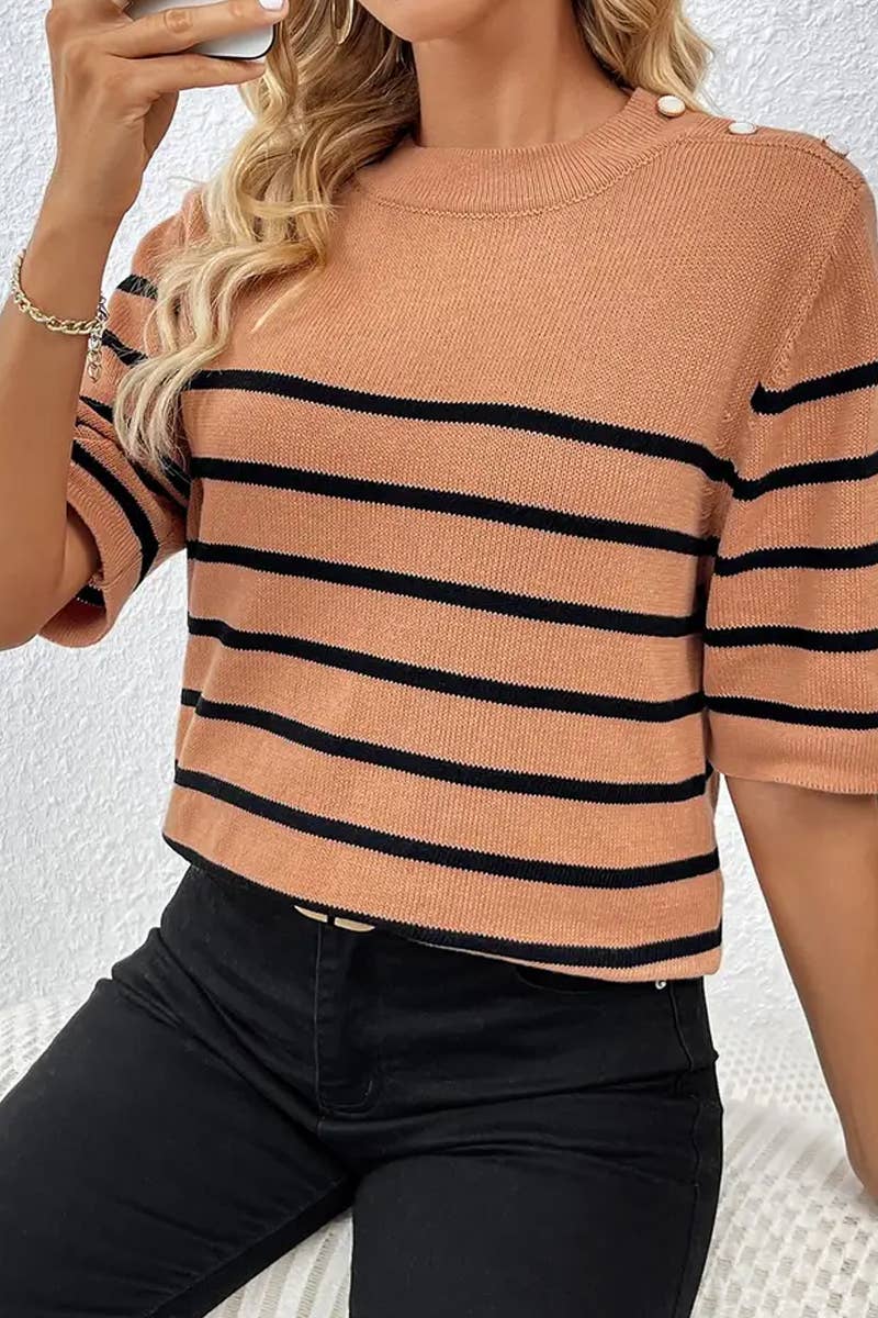 CWTTS1309_STRIPED FASHION ROUND NECK SHORT SLEEVE SWEATER