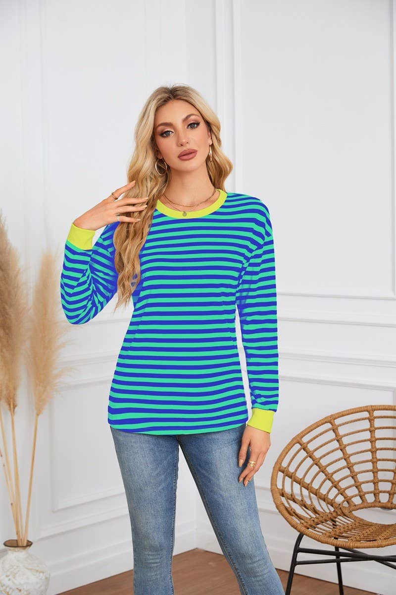 CWTBLL4109_STRIPED ROUND NECK LONG SLEEVE CASUAL TOP