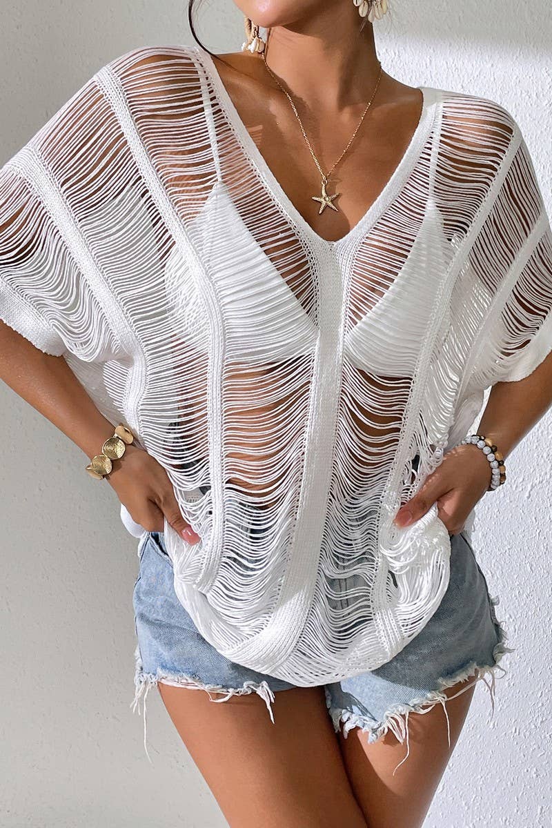 CWDHL1058_V-NECK HOLLOW SEXY BIKINI BEACH COVER-UP