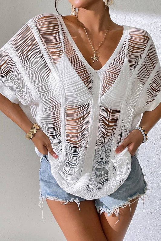 CWDHL1058_V-NECK HOLLOW SEXY BIKINI BEACH COVER-UP