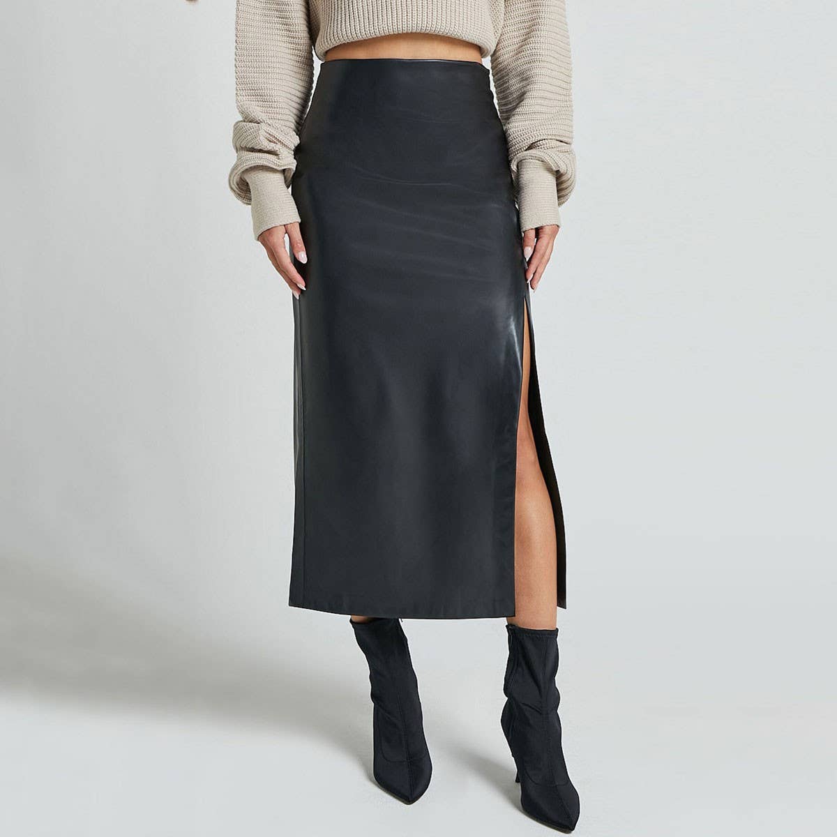 PU SLIT LEATHER SKIRT HIGH WAIST ZIPPER SKIRT_CWAB4811