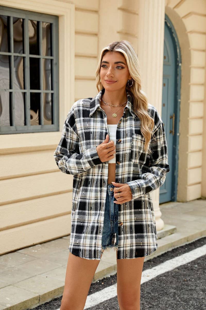 CWTSTL2063_CROCHET LONG-SLEEVED LOOSE LAPEL PLAID SHIRT