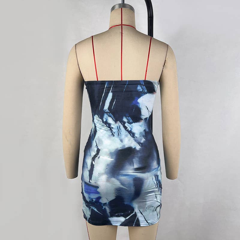 Backless Tie-Dye Ruched Bodycon Tube Dress