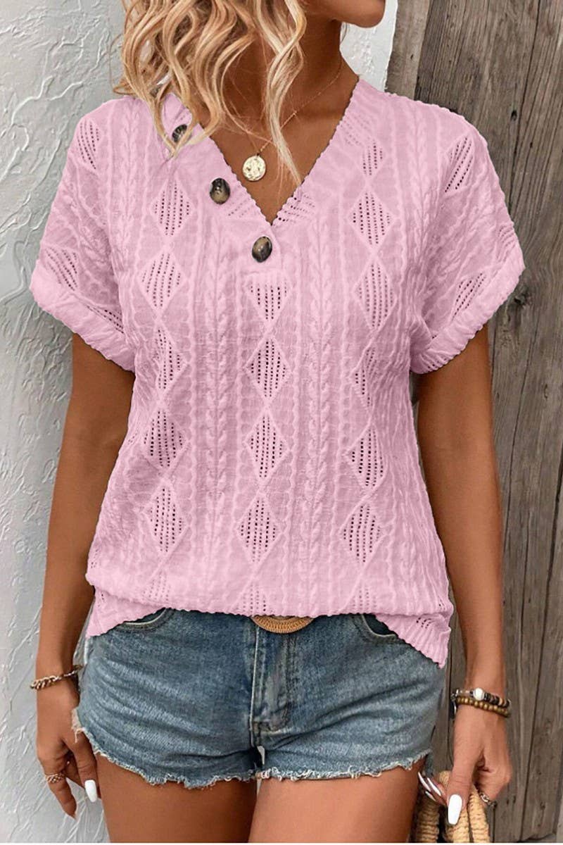 CWTBLS1794_V-NECK BUTTON-DOWN SHORT-SLEEVED TOP T-SHIRT