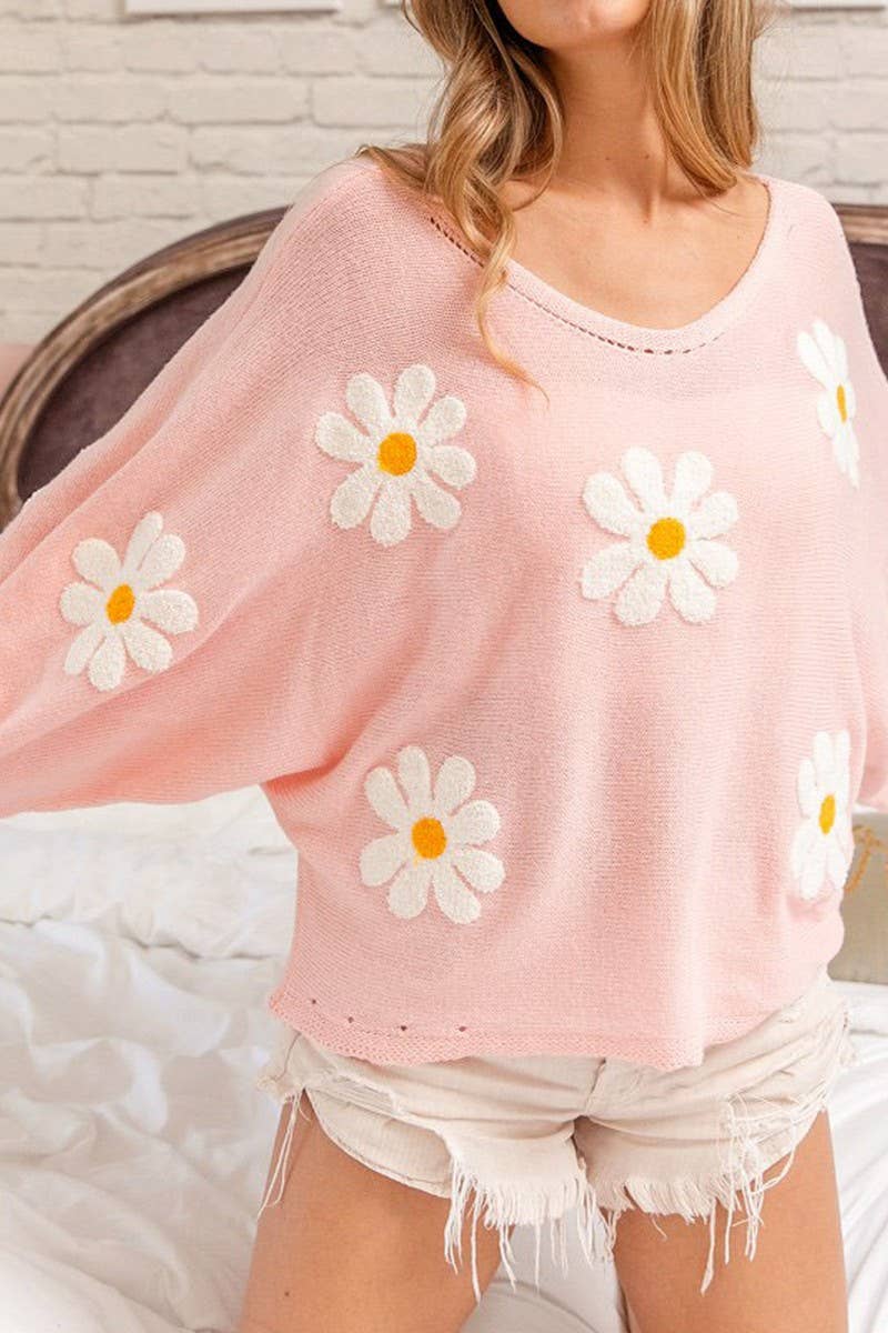 CWOSWL2940_V-NECK FLORAL EMBROIDERED KNITTED SWEATER