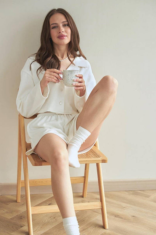 CWSPJ0279_KNITTED CARDIGAN LONG-SLEEVED SHORTS HOME WEAR