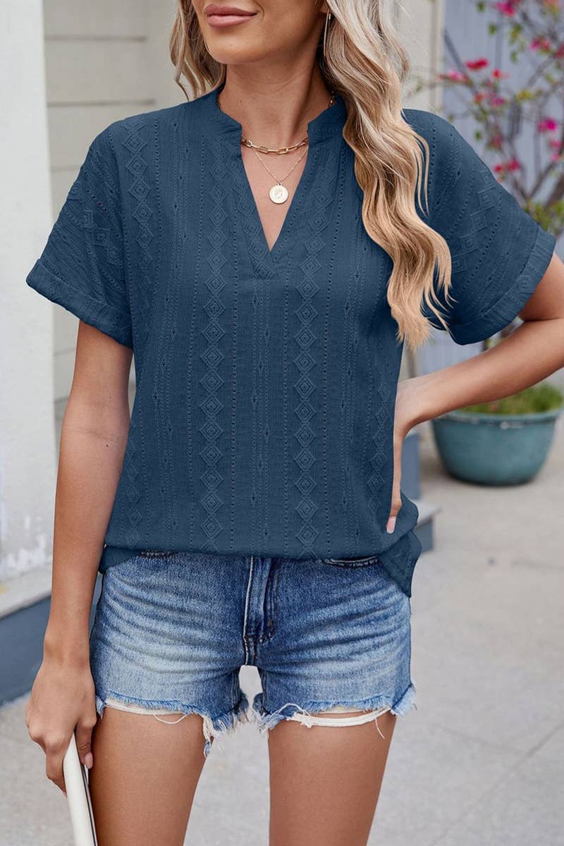 CWTTS1335_SUMMER JACQUARD V-NECK SHORT SLEEVE LOOSE T-SHIRT