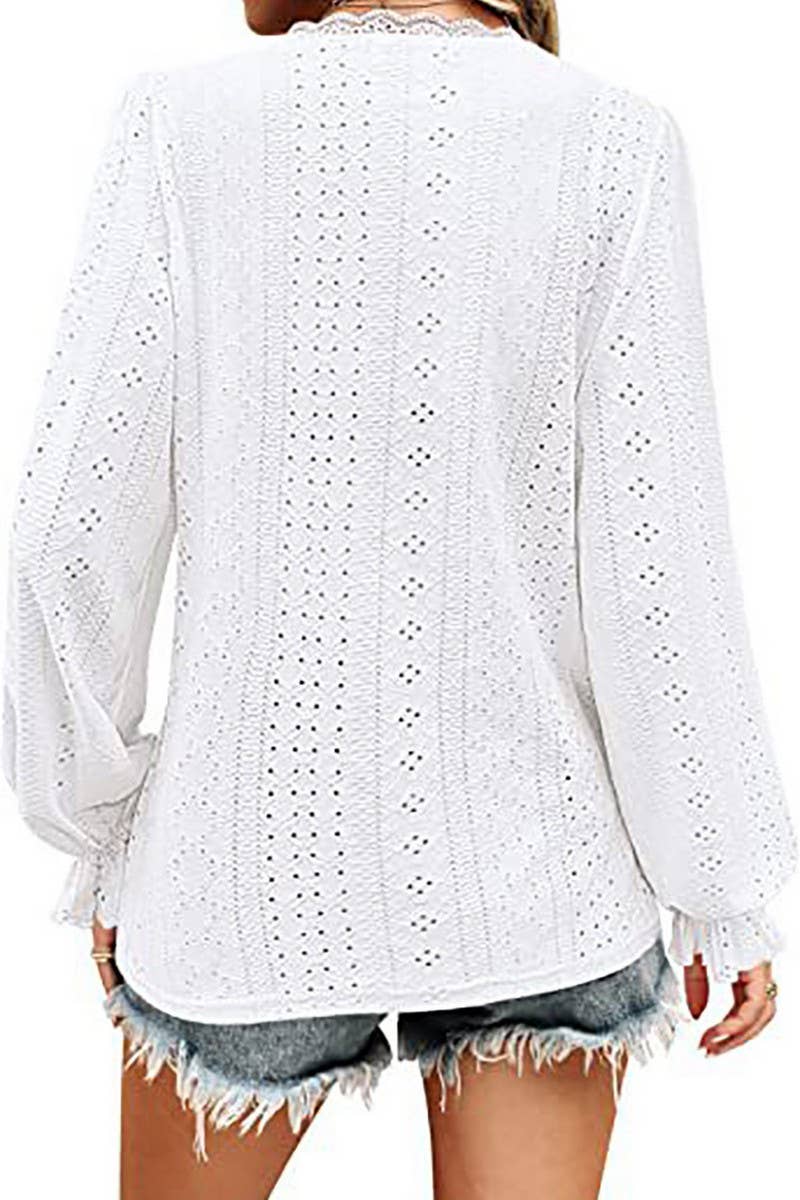 CWTBLL1046_V-NECK SOLID COLOR HOLLOW CASUAL LONG-SLEEVED TOP