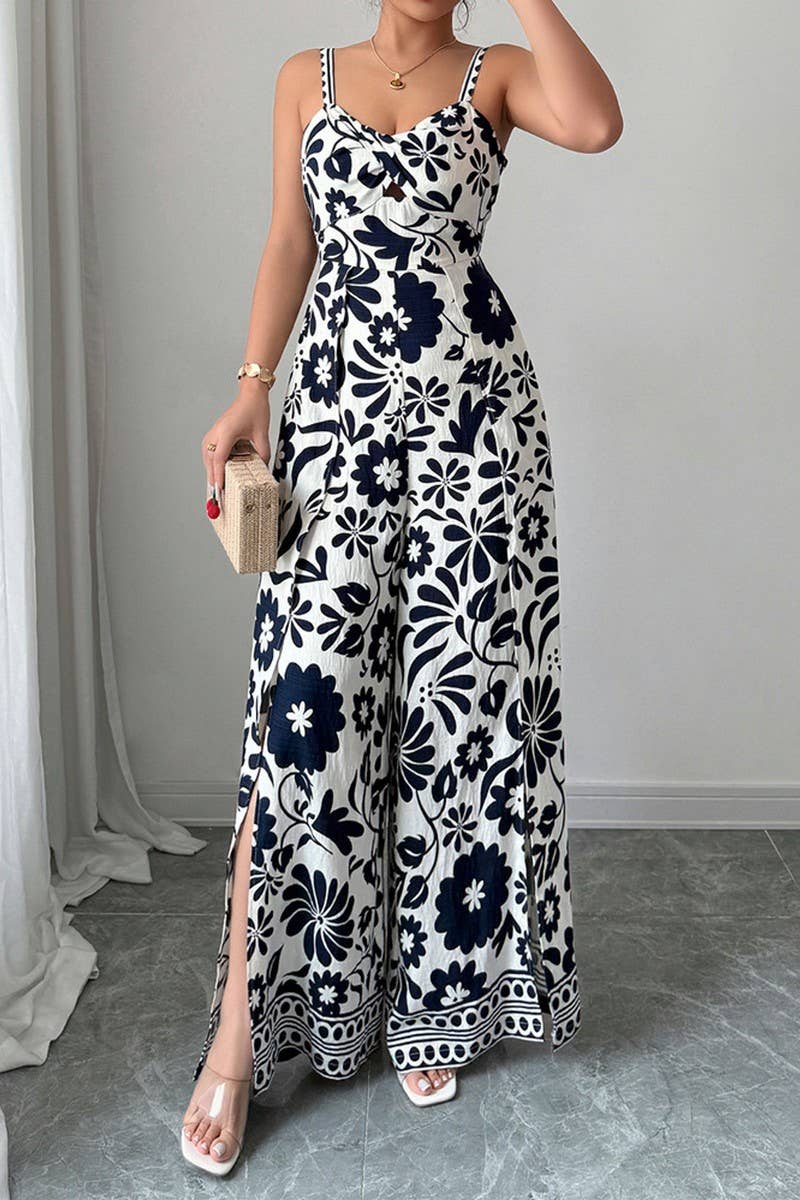 CWDHL0890_ELEGANT TWISTED PRINT SUSPENDERS WIDE-LEG JUMPSUIT