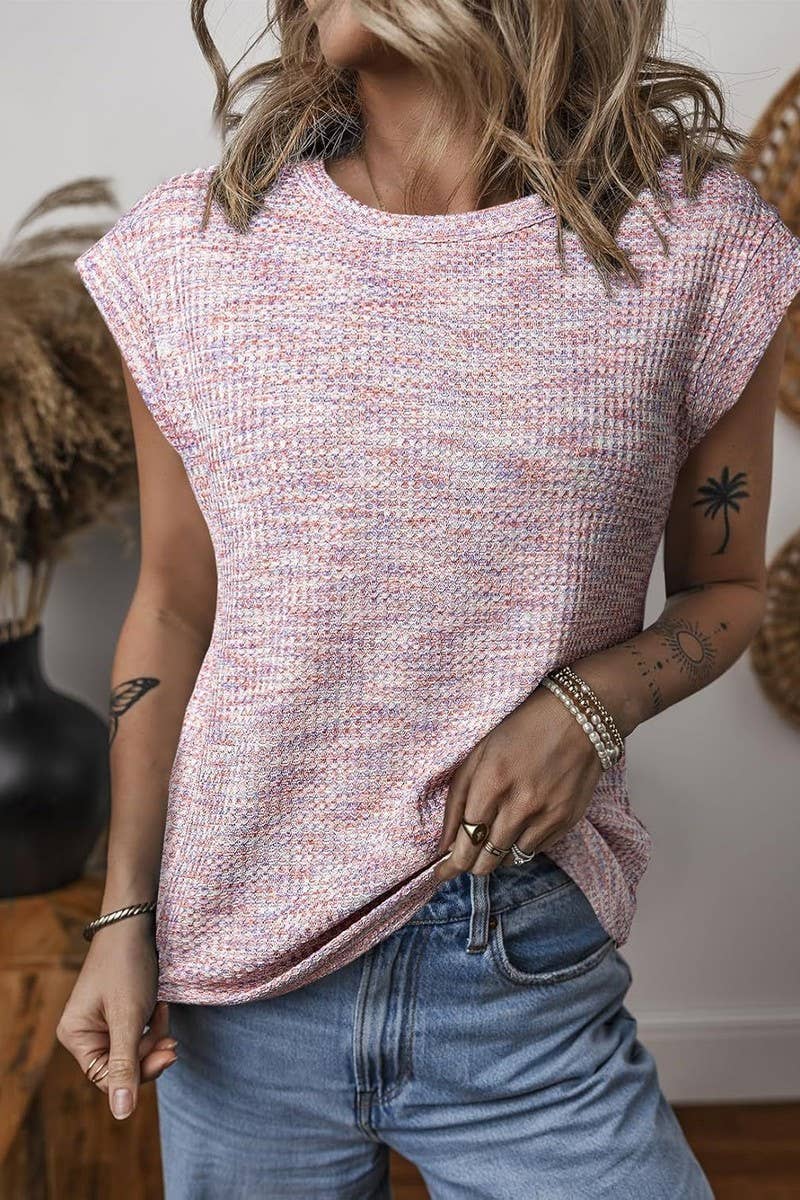 CWTBLS1770_WAFFLE CREW NECK SOLID COLOR SHORT SLEEVE TOP
