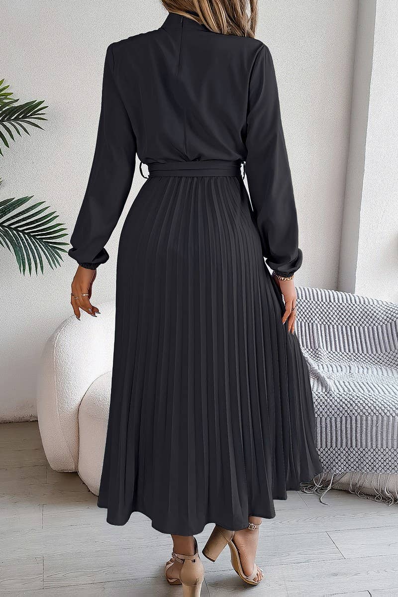 CWDMD3430_TIE STAND COLLAR PLEATED MAXI DRESS