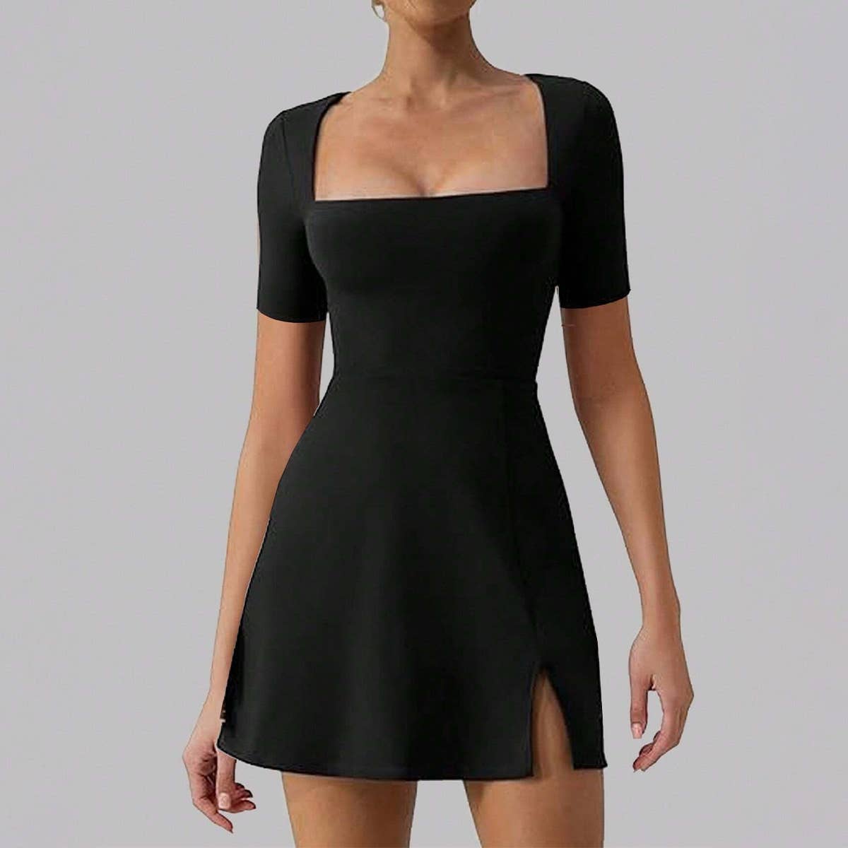 Elegant Square Neck A-Line Dress with Side Slit