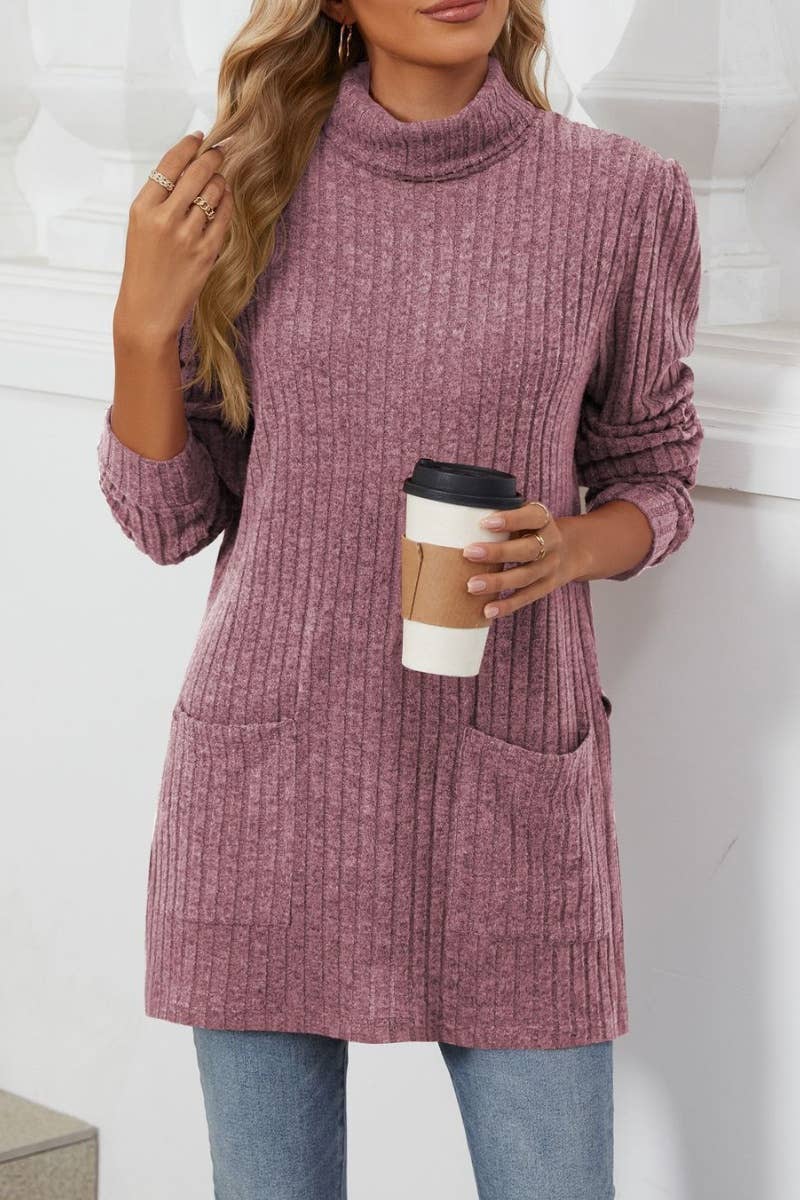 CWOSWL6563_TURTLENECK LONG SLEEVE POCKET SLIT SWEATER LONG