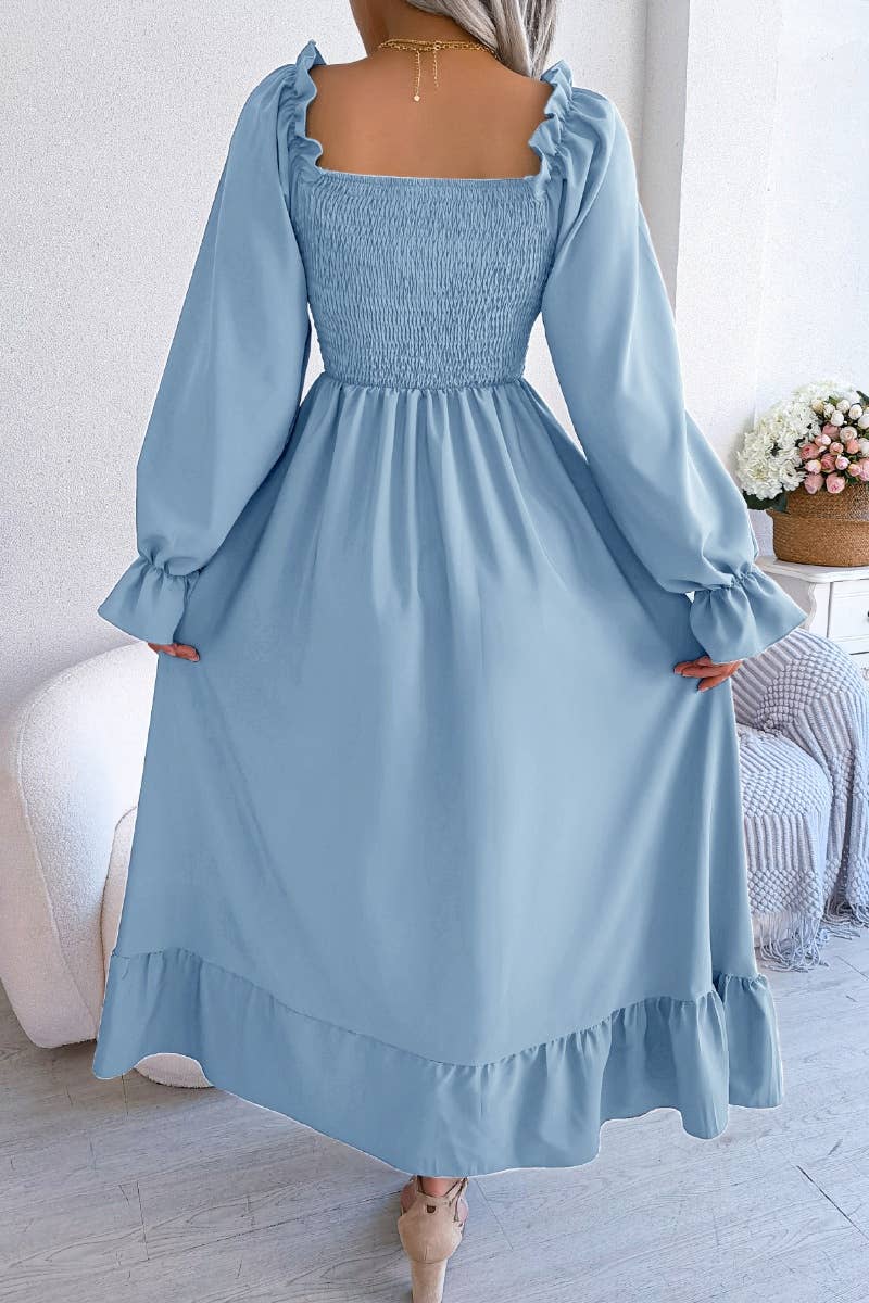 CWDMD2663_RUFFLED DRESS WITH SQUARE COLLAR FLARED SLEEVES