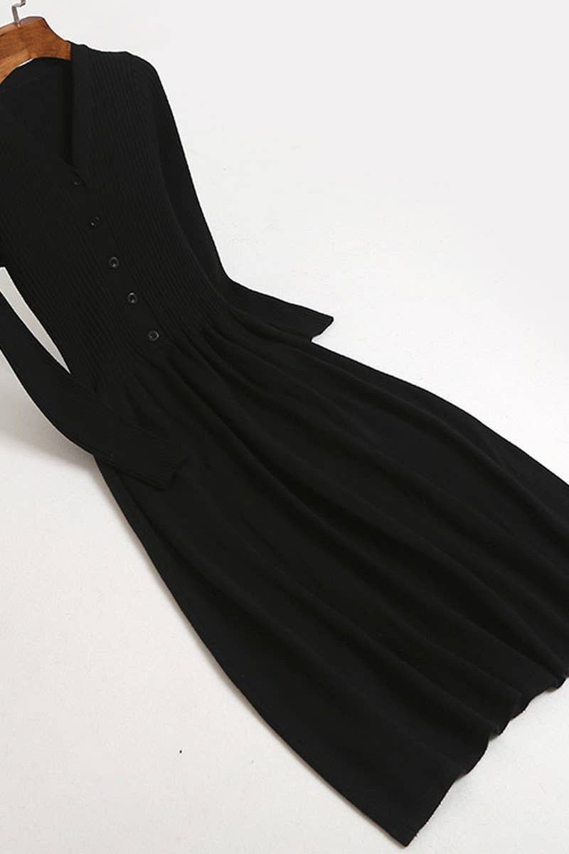 CWDMD4015_V-NECK WAIST BELOW KNEE LONG KNITTED DRESS