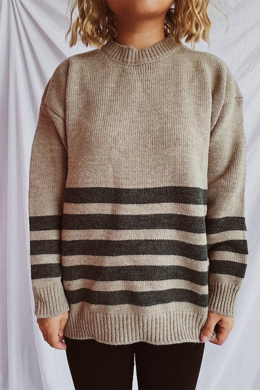 CWOSWL3818_VINTAGE CREW-NECK LONG-SLEEVED STRIPED SWEATER